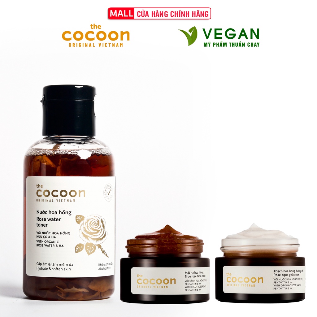 Bộ 3 dưỡng ẩm Cocoon: Toner hoa hồng 140ml + Mặt nạ hoa hồng 30ml + Thạch hoa hồng 30ml