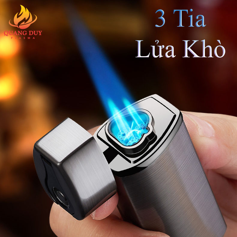 Bật lửa khò 3 tia công tắt điện đánh lửa sạc pin, bơm gas sử dụng độc đáo và tiện lợi