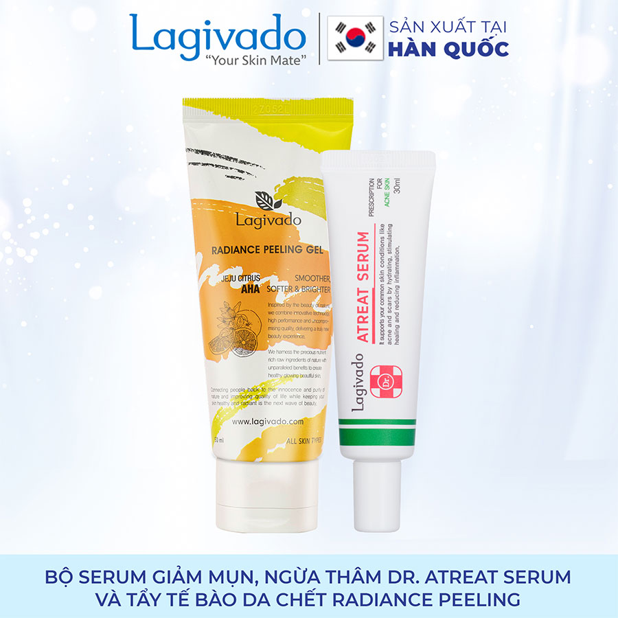 Bộ đôi serum giảm mụn, ngừa thâm Hàn Quốc Lagivado  Dr. ATreat Serum 30 ml và tẩy tế bào da chết Radiance Peeling 50 ml.