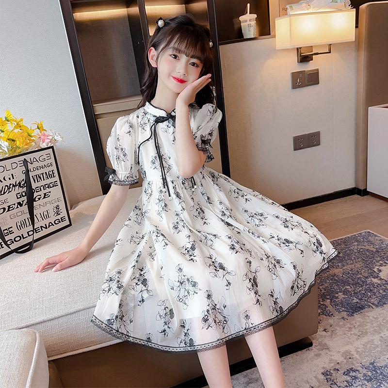 CHENGRUI Cô gái ăn mặc Midboy mùa hè 2023 mực vẽ sườn xám váy cô gái phong cách phương Tây cổ trang công chúa váy