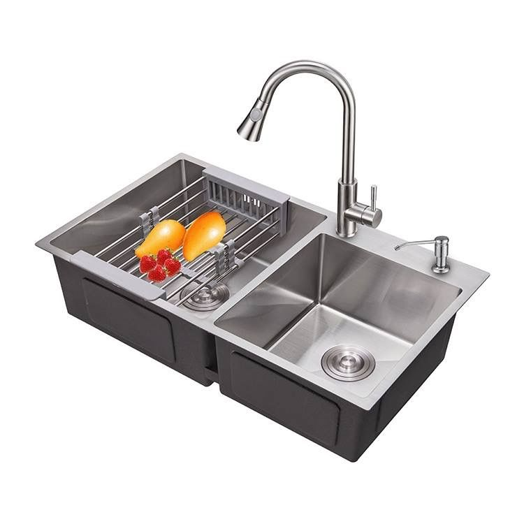 Combo chậu rửa chén bát inox kích thước 8245, vòi rửa bát nóng lạnh inox rút dây, bộ xả chậu, bình xà phòng, rá rau củ đa năng