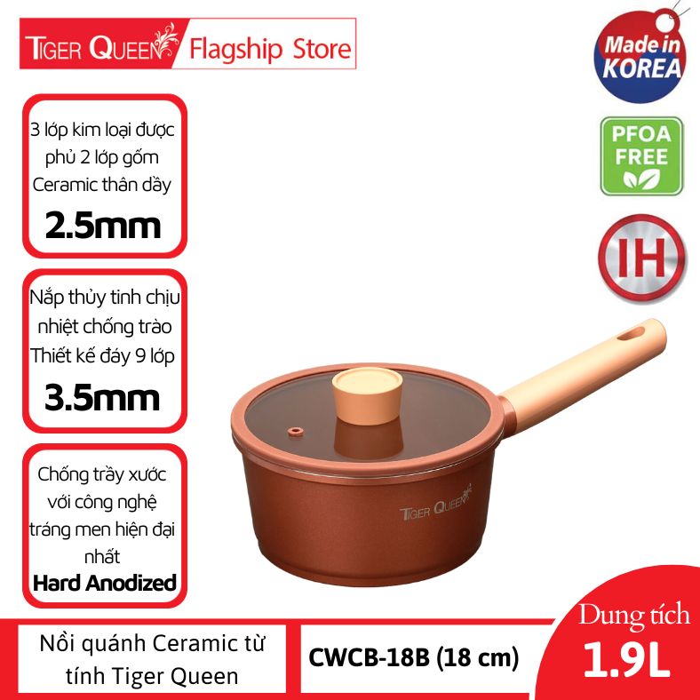 Nồi quánh Ceramic từ tính  Tiger Queen CWCB-18B - Màu nâu chocolate [18 cm - 1.9L] - Chính hãng