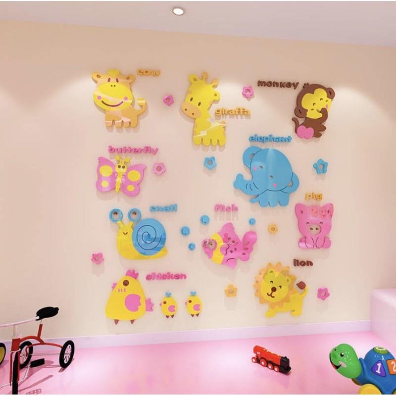 Tranh dán tường mica 3D các con vật, tiếng anh cho bé, decal trang trí lớp học