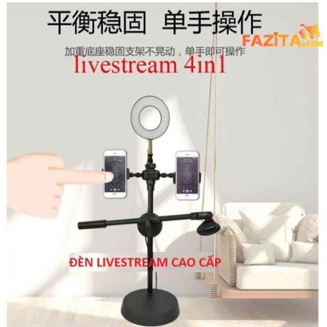 Đèn Live Stream 4in1 Để Bàn Có Chân Đỡ Micro LivesTream Hai Điện Thoại - Bộ Giá Đỡ Điện Thoại Livestream 4in1