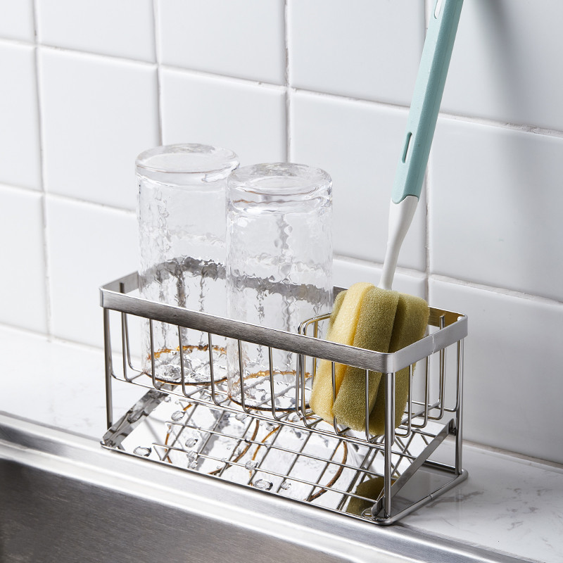 Kệ Đựng Đồ Rửa Chén Bát, Giá Để Giẻ Rửa Bát Inox 2 Ngăn Có Khay Hứng Nước Tiện Dụng