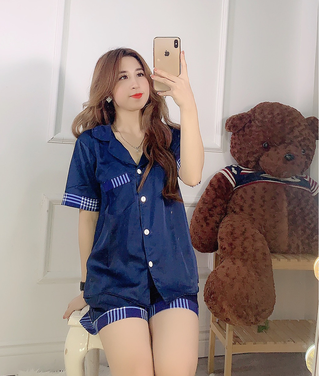 Đồ Bộ Ngủ Nữ Sét Đồ Pijama Mặc Nhà Chất Satin Lụa Phối Viền Tay Dễ Thương, Giặt Không Nhắn, Form Dưới 60kg Mặc Thoải Mái