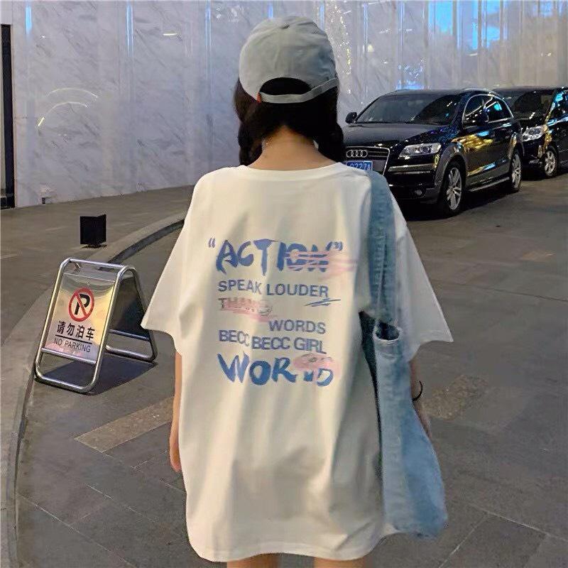Áo Thun In Chữ Action Áo Thun Tay Lỡ Form Rộng Unisex 38-65kg Nam Nữ Phong Cách Ullzang