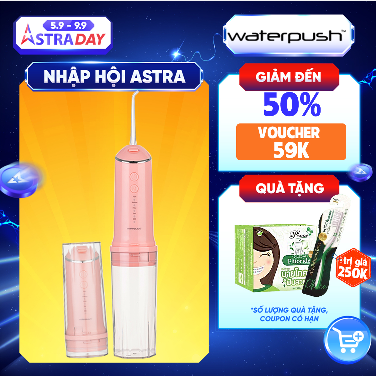 [Đèn UV diệt khuẩn 99%] Máy tăm nước du lịch cao cấp WaterPush 1903 màu hồng - Bình chứa lớn 300ML