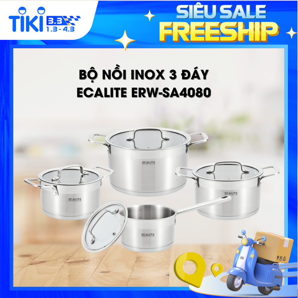 Bộ nồi inox cao cấp Ecalite ERW-SA4080 - 8 món - Hàng Chính Hãng