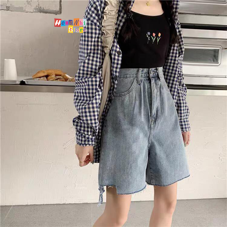 Quần Short Jean Ngố Đùi Rách Tưa Lai Cạp Cao Ống Rộng Ulzzang - MM