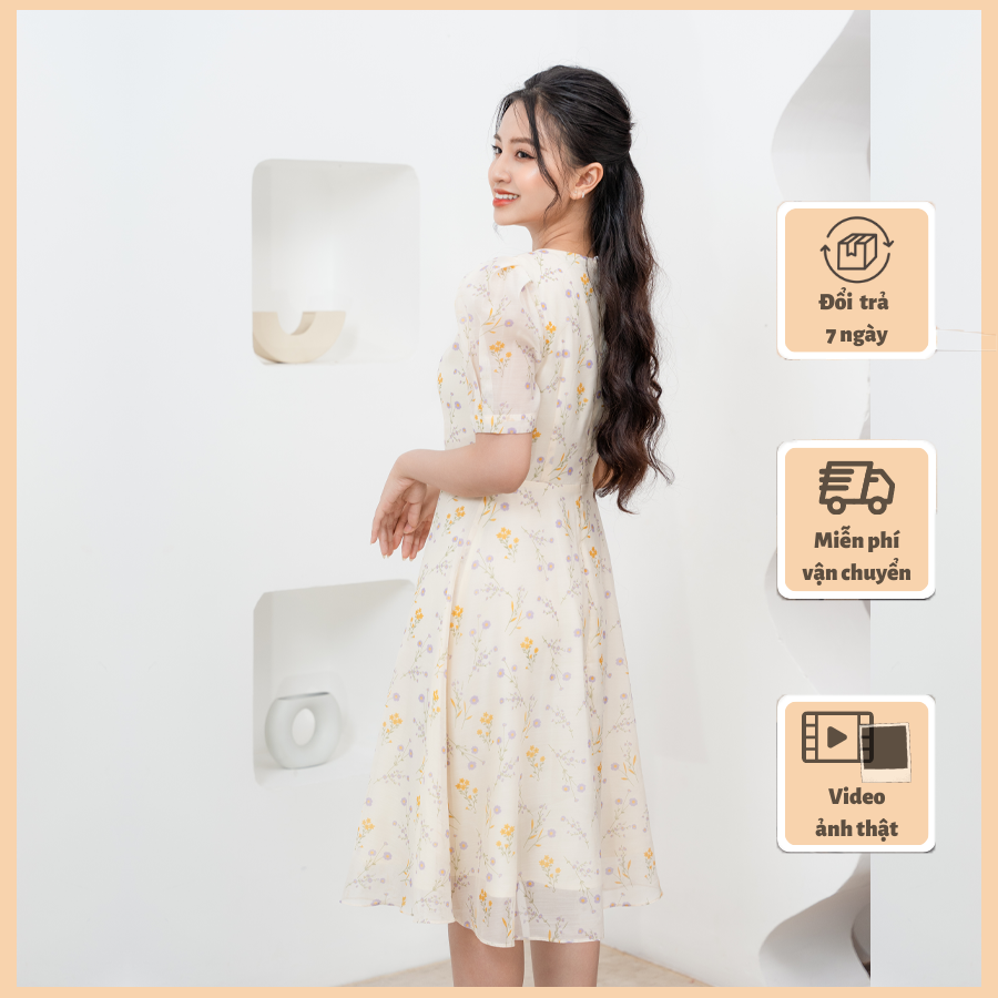 Váy hoa nhí cổ tròn dáng tiểu thư v235