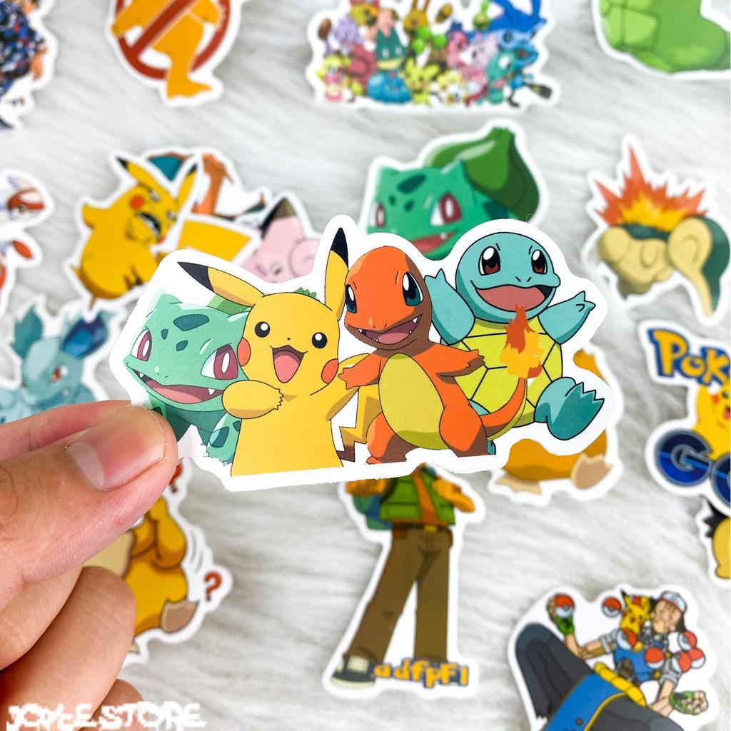 Bộ 50 Sticker (nhãn dán) HOẠT HÌNH POKEMON - PVC chống nước dán nón bảo hiểm, ghi-ta, tủ lạnh, máy tính