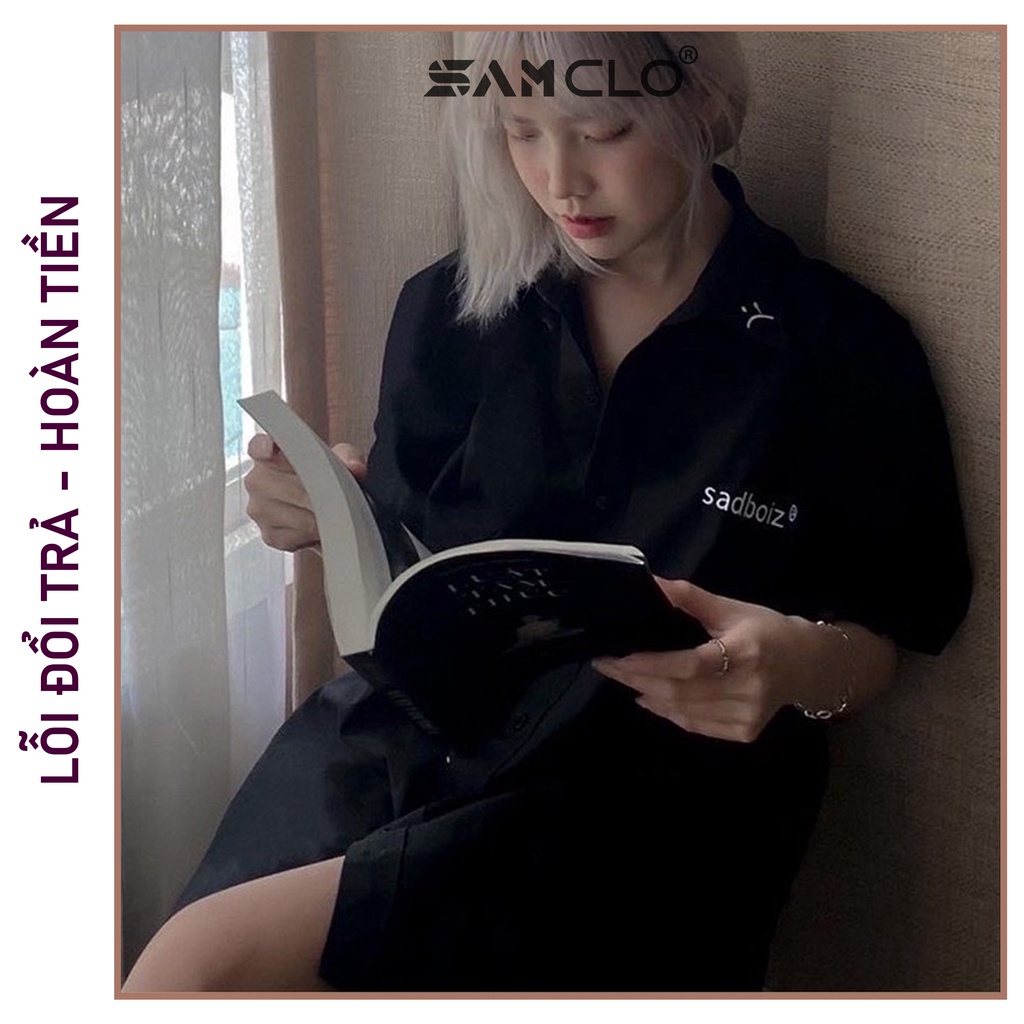 Áo SƠ MI NỮ form rộng cổ bẻ tay ngắn - lỡ dáng ulzzang freesize unisex mặc cặp, nhóm, THÊU chữ SADBOIZ