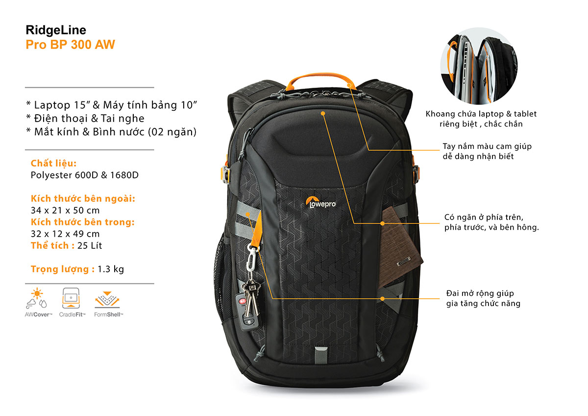 Balo máy ảnh Lowepro Ridgeline Pro BP 300 AW - Hàng Chính hãng