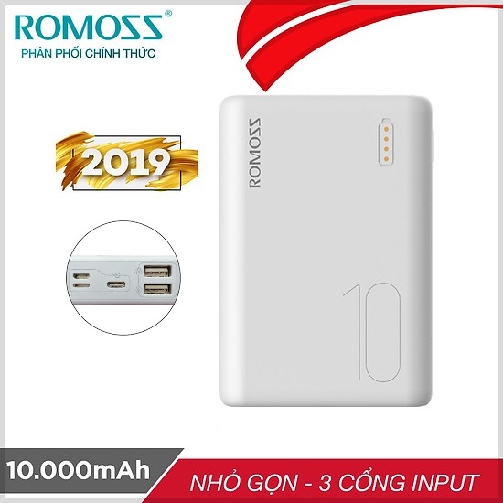 Pin sạc dự phòng 10.000mAh Romoss Simple 10  nhỏ gọn 3 cổng input Micro - Lightning - Type C – Hàng chính hãng + Tặng cáp micro USB tròn CB05 Romoss