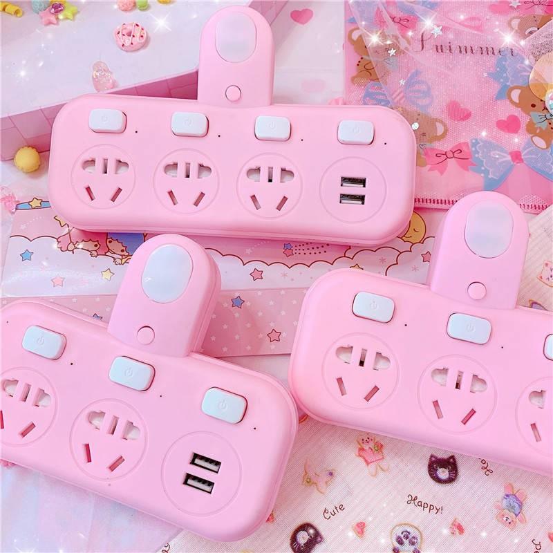 Pink Girl Heart Hộ gia đình, Turn, Pickup Ký túc xá Ổ cắm, Đèn ngủ chuyển đổi, Ổ cắm sạc nhanh USB, khớp, 4 ổ cắm cắm,