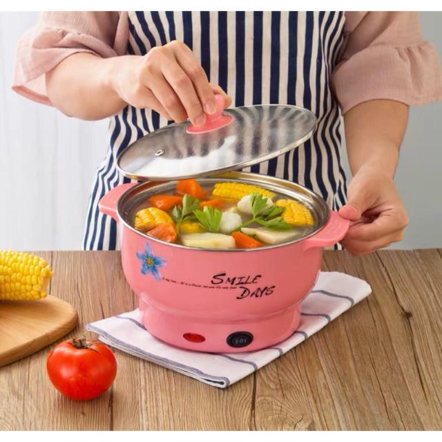 Nồi lẩu điện đa năng mini tròn kèm hấp xửng lòng chảo màu trắng inox 22cm màu vàng , hồng