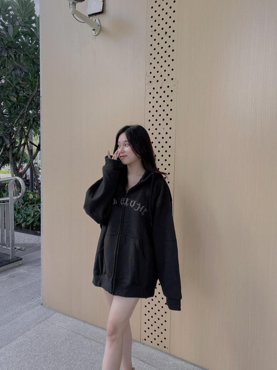 Áo khoác mũ to 2 lớp chữ vòng lưng siêu hot