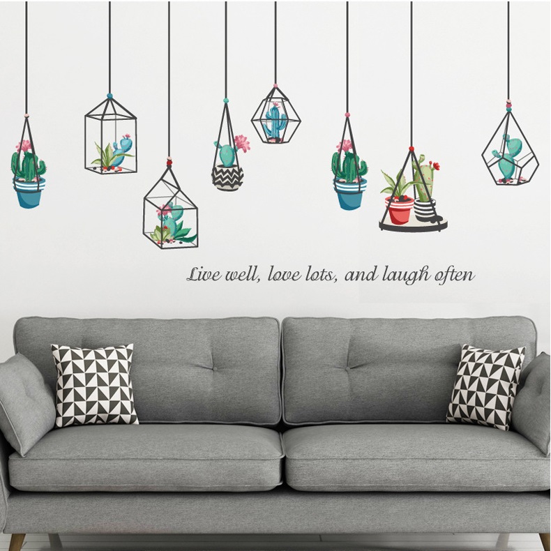 Decal dán tường Giàn treo chậu xương rồng và thông điệp ý nghĩa - DKN103 AmyShop (100 x 137 cm)