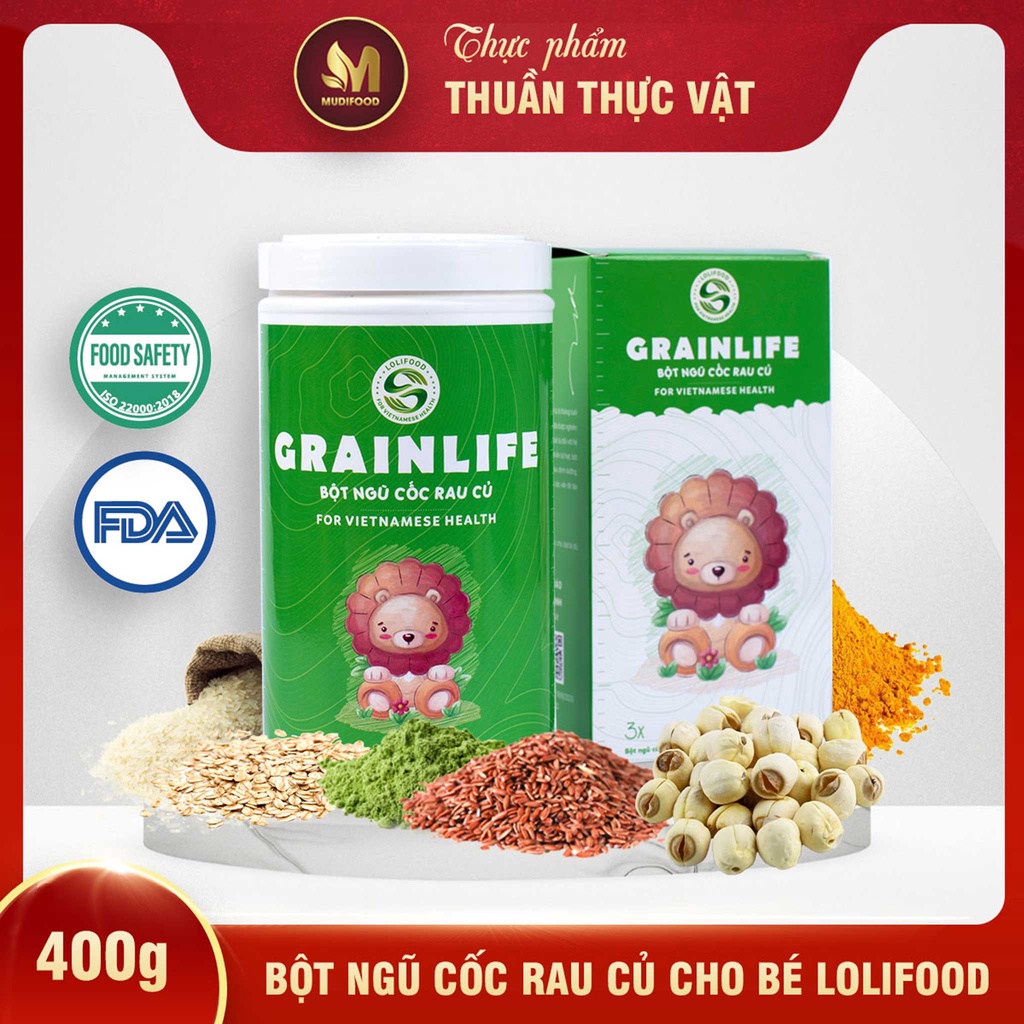 Bột Ngũ Cốc Rau Củ, Bột Ăn Dặm Cho Bé Grainlife Lolifood 400g - Bổ Sung Chất Xơ Từ Rau Xanh, Cải Thiện Hệ Tiêu Hóa, Tăng Cường Canxi và Vitamin K, Giúp Chắc Khỏe Xương, Giàu Sắt, Bổ Máu, Cải Thiện Thiếu Máu, Bổ Sung Dinh Dưỡng Thiết Yếu Cho Bé