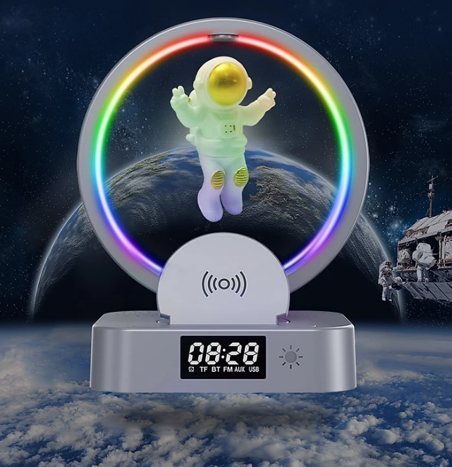 Cao cấp - Đèn Ngủ Công Nghệ Kiêm Loa Bluetooth đa năng, sạc không dây, Đồng hồ, đèn led RGB Maglev Astronaut in Space