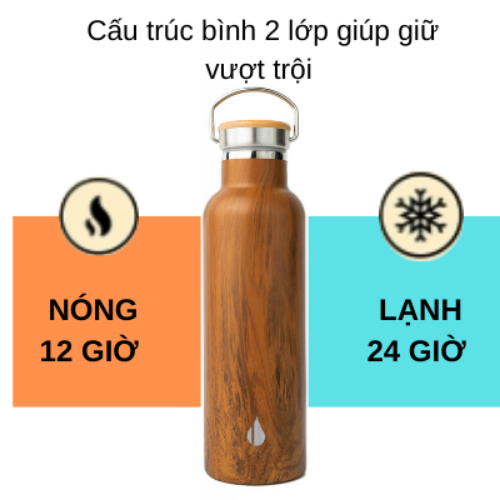 BÌNH GIỮ NHIỆT ELEMENTAL MÀU VÂN GỖ (750ML), BÌNH NHẬP KHẨU MỸ, ĐẠT CHUẨN FDA HOA KỲ, THÉP 304 KHÔNG GỈ, GIỮ NÓNG LẠNH