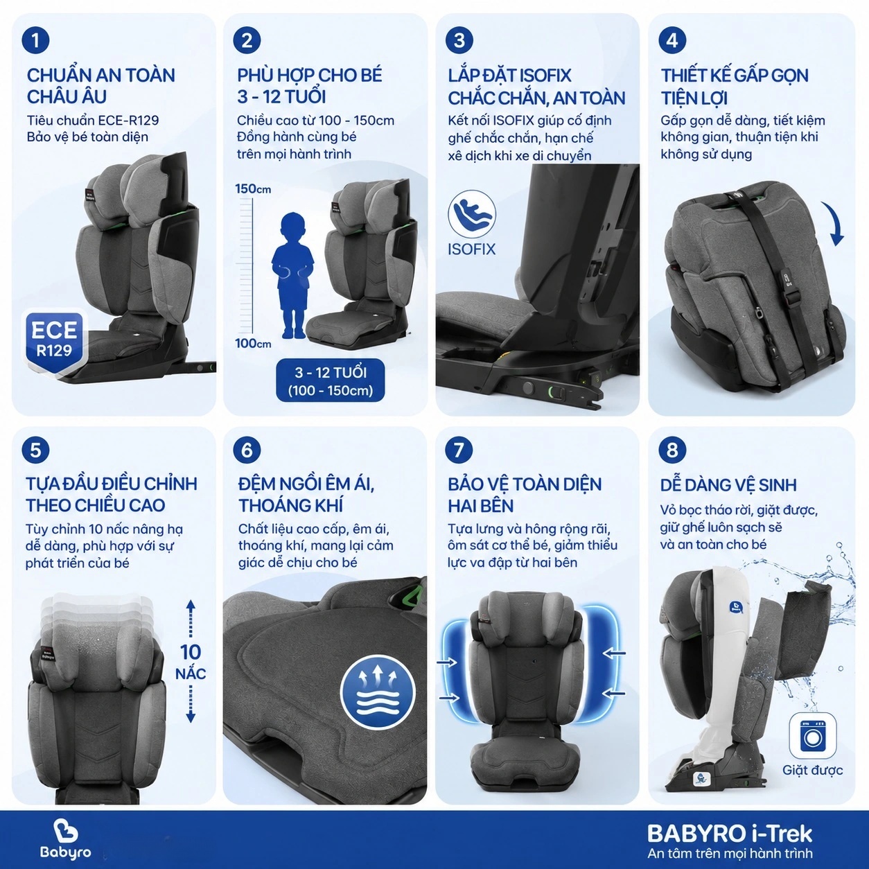 Ghế ngồi ô tô gấp gọn cho bé Babyro i-Trek, cho bé 3-12 tuổi, lắp đặt isofix, tiêu chuẩn R129 bảo vệ cổ vai gáy - Hàng chính hãng