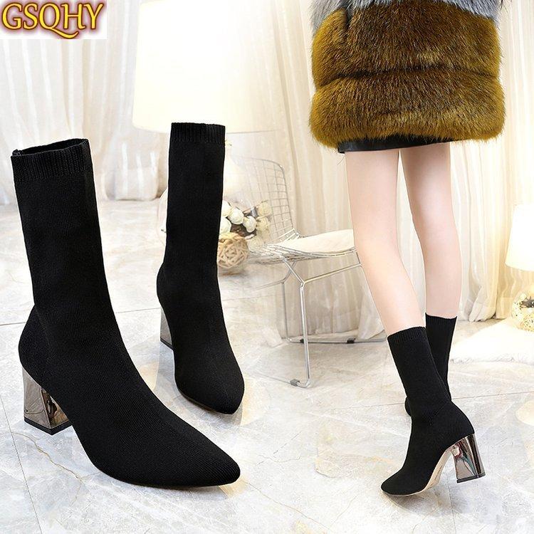 2019 Thu Mới Chỉ Giày Bốt Martin Dày Với Nữ Cao Gót Giày Stovepipe Đen Ống Len Thun Giày
