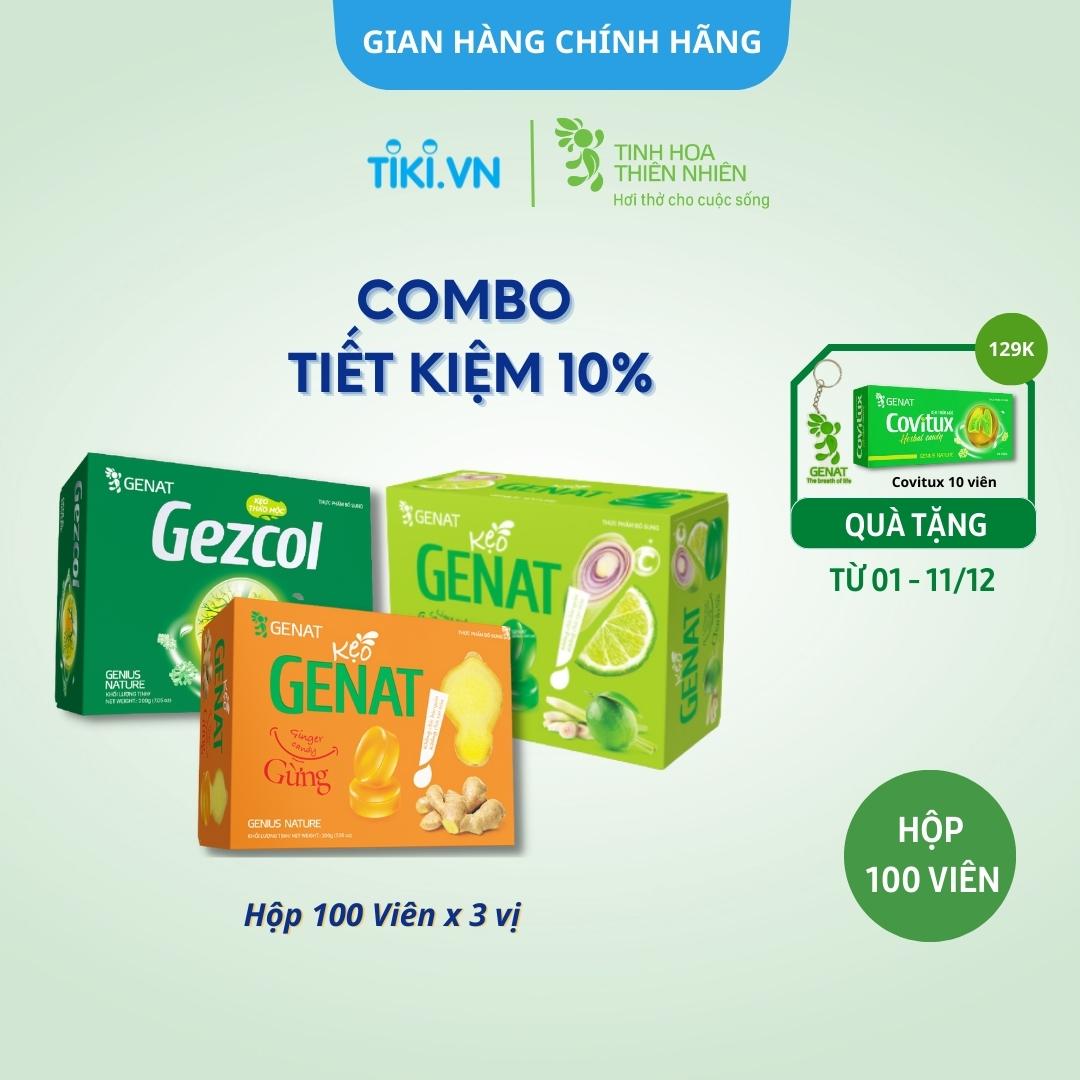 Combo 3 hộp 100 viên - Kẹo thảo mộc Gezcol - Kẹo Genat Gừng - Kẹo ngậm Chanh sả - Genat - Tinh hoa thiên nhiên