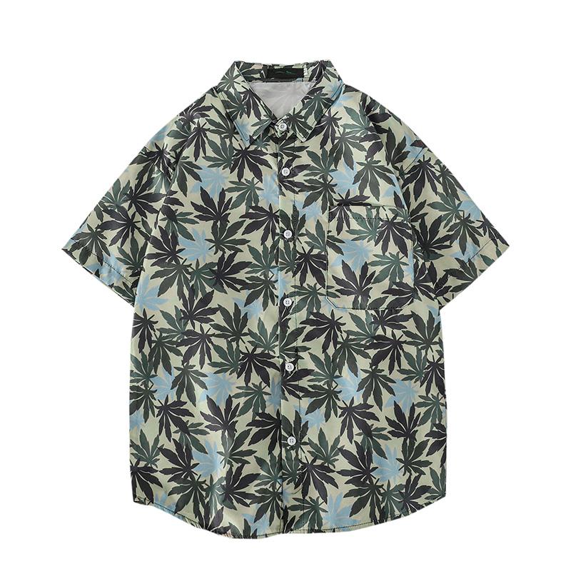 Áo Sơ Mi Ngắn Tay Form Rộng In Họa Tiết Lá Phong Thời Trang Dành Cho Nam 2 Màu