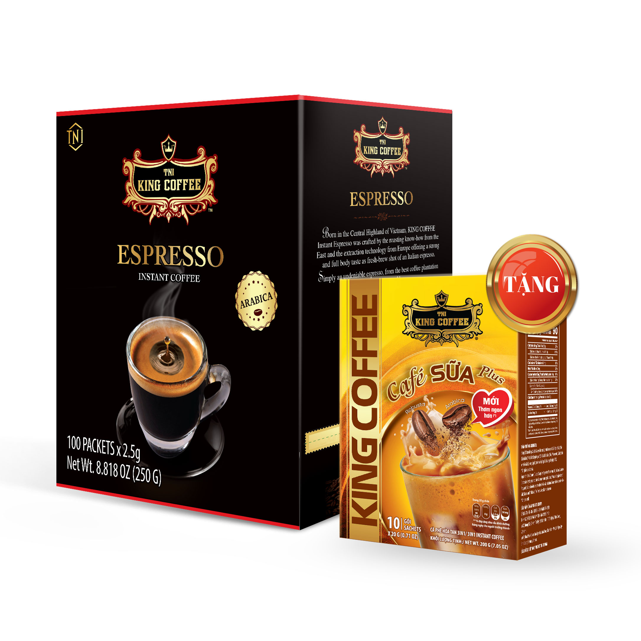 Combo 1 Cà Phê Hòa Tan Espresso KING COFFEE - Hộp 100 gói x 2.5g + Tặng 1 Cà Phê Sữa PLUS Hòa Tan 3in1 KING COFFEE - Hộp 10 gói x 20g