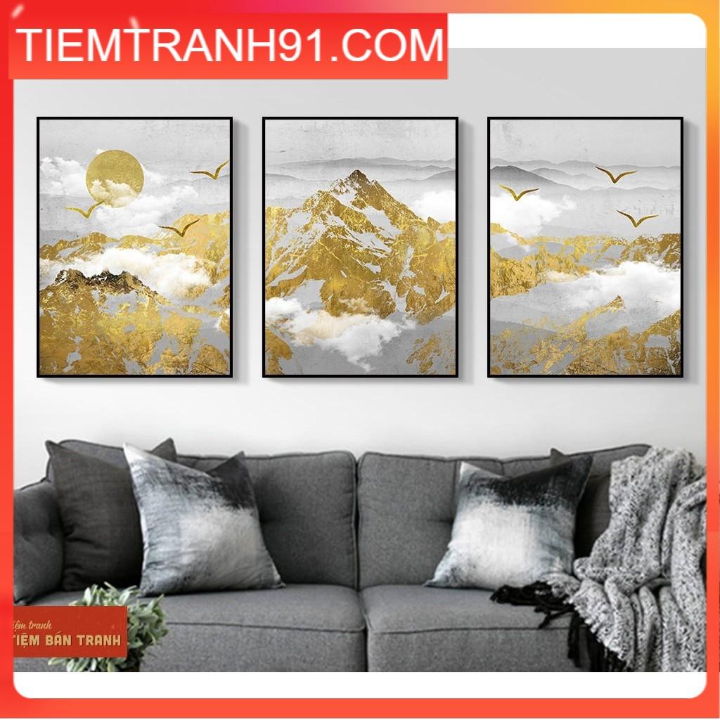 Bộ 3 TRANH TREO TƯỜNG PHÒNG KHÁCH - TIỆM TRANH 91 - Tranh canvas vàng kim sang trọng, hiện đại, tặng kèm đinh treo