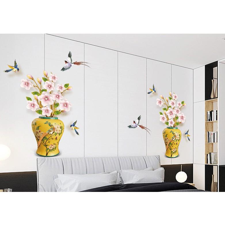 Decal trang trí tường - Chậu hoa vàng Hoa Mai hồng trắng nổi bật