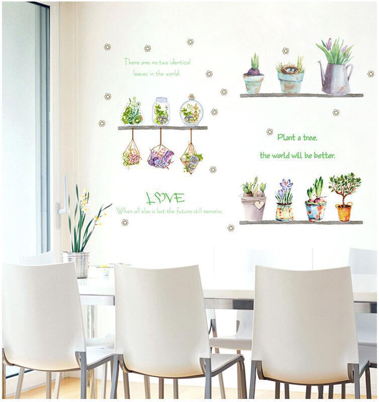 Decal dán tường trang trí xanh mát những chậu hoa nhỏ dễ thương