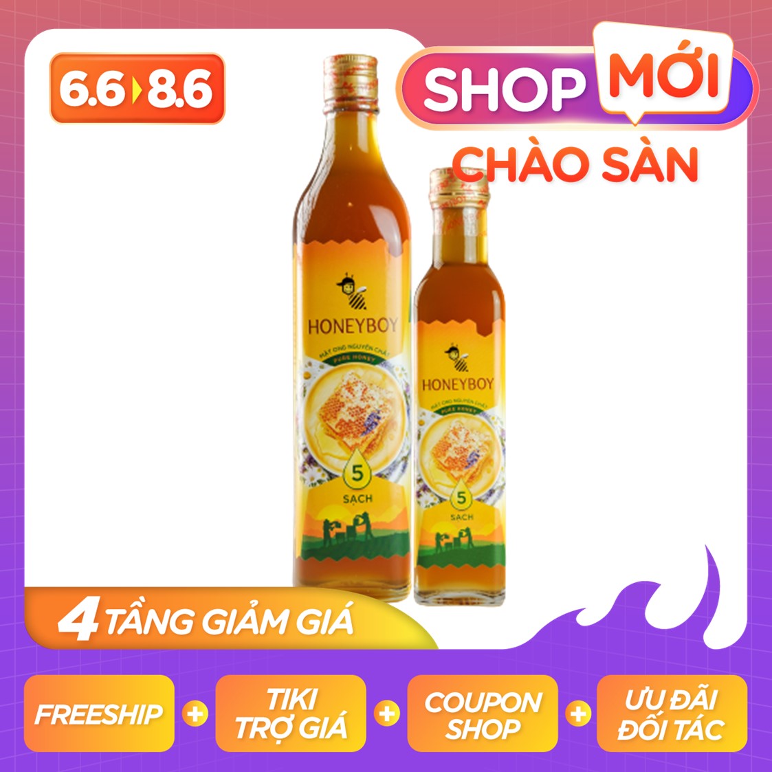 Combo Mật Ong Thiên Nhiên 5 Sạch Honeyboy 500ml và Mật Ong Thiên Nhiên 5 Sạch Honeyboy 250ml
