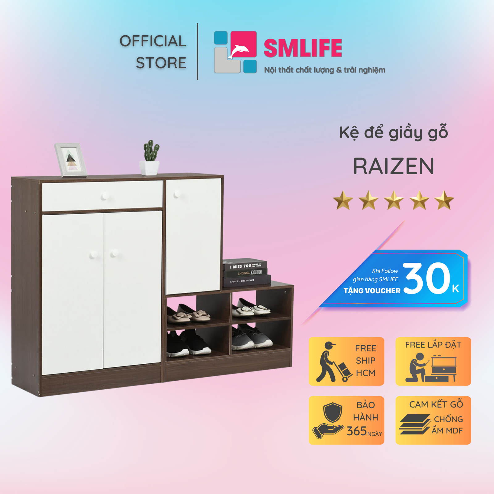 Kệ để giầy gỗ hiện đại SMLIFE Raizen | Gỗ MDF dày 17mm chống ẩm | D130xR30xC90cm