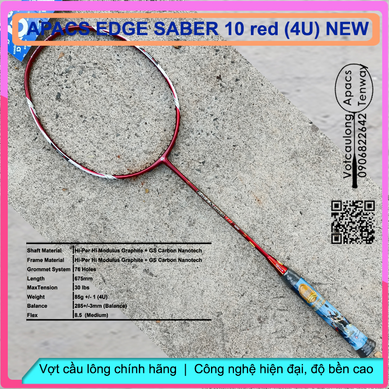 Chính hãng BH-[Vợt cầu lông Apacs Edge Saber 10 Red - 4U] | Đỏ mạnh mẽ, có thể đan 13kg, bền bỉ