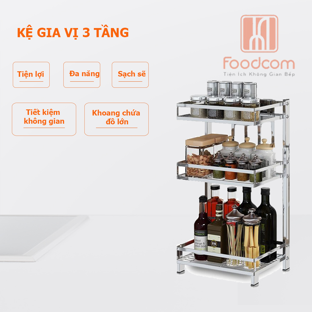 Kệ để gia vị đa năng cao cấp 3 tầng Foodcom chất liệu inox cao cấp không han gỉ, kệ đựng chai lọ đa năng, kệ để đồ nhà bếp gọn gàng sang trọng hơn, tiết kiệm không gian gia đình