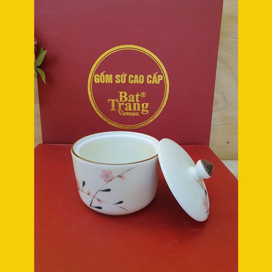 Bộ 03 hộp mứt vẽ đào hồng gốm Minh An Bát Tràng kèm khay gỗ