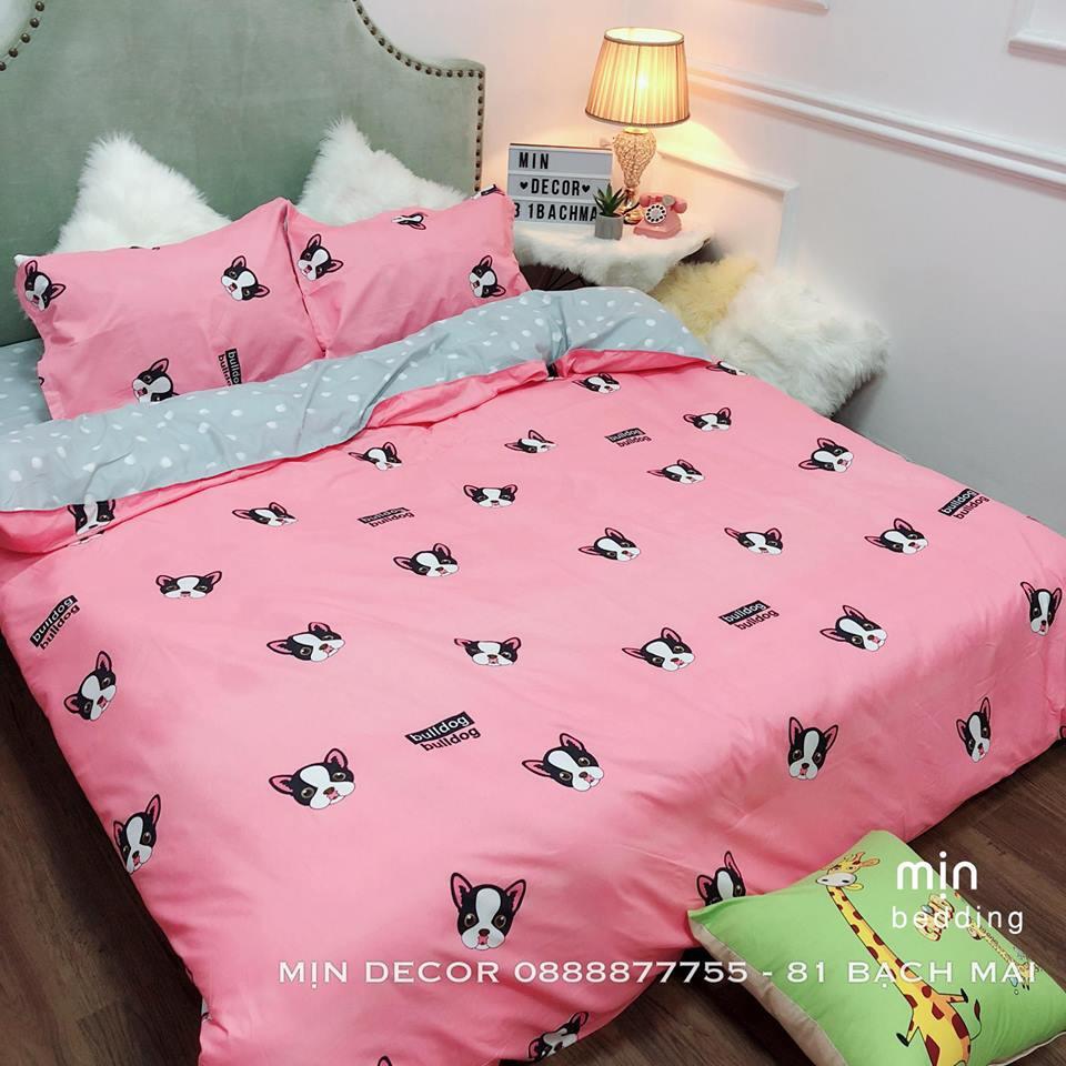 Set Chăn Ga Gối Poly Cotton Chó Hồng