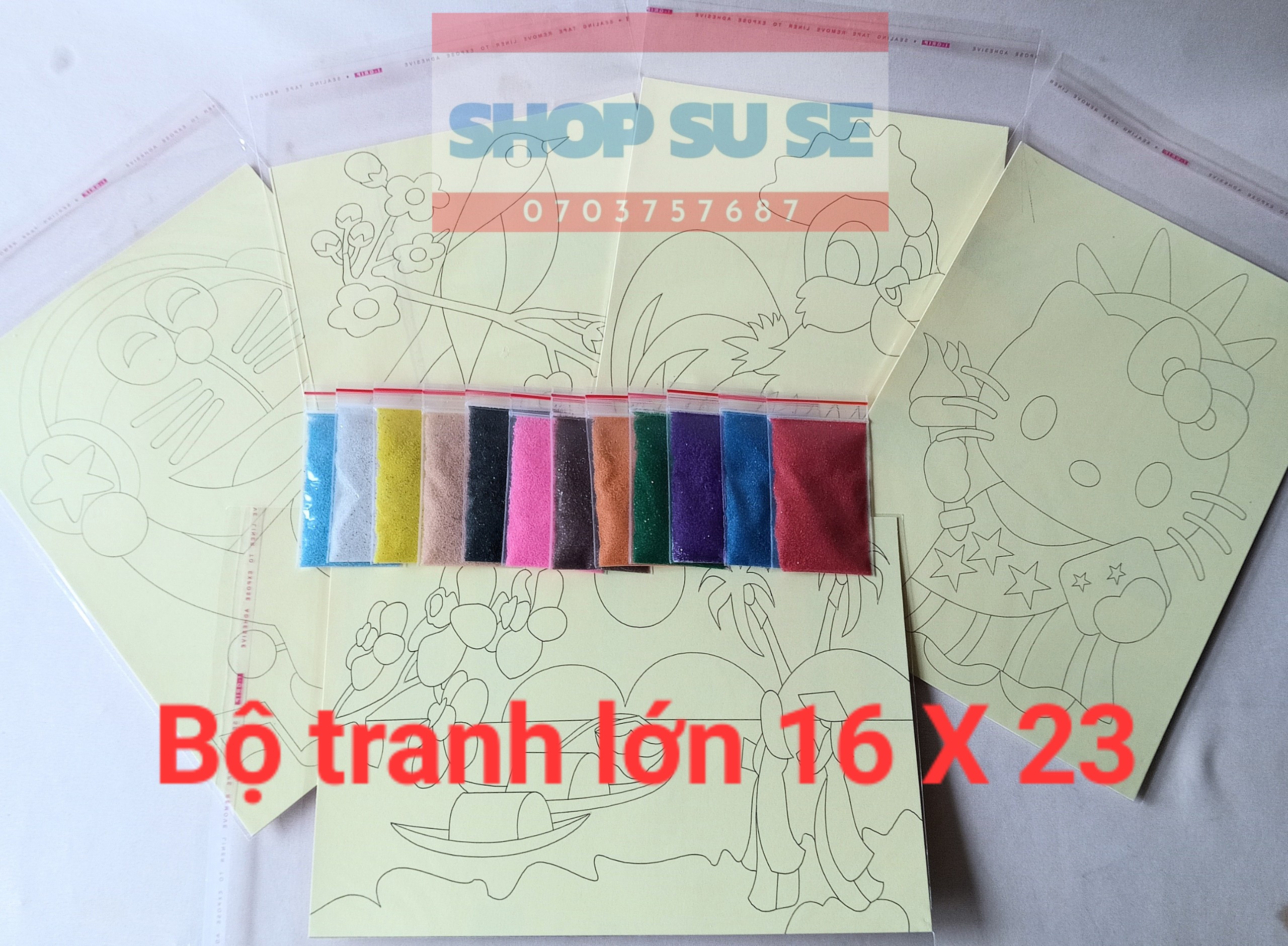 Tranh cát lớn. Bộ 5 tờ 16 X 23 cm. 12 bịt cát, mỗi bịt 10g