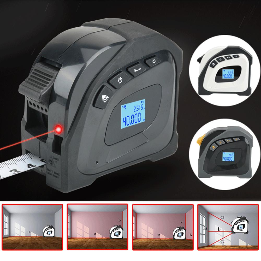 Laser Tape Measure, 2 in 1 Digital Laser Distance Meters with LCD Display, 40M Laser Measure, 5M Tape Measure, Measuring Area/Volume/Distance/Pythagorean Circumference White Imperial