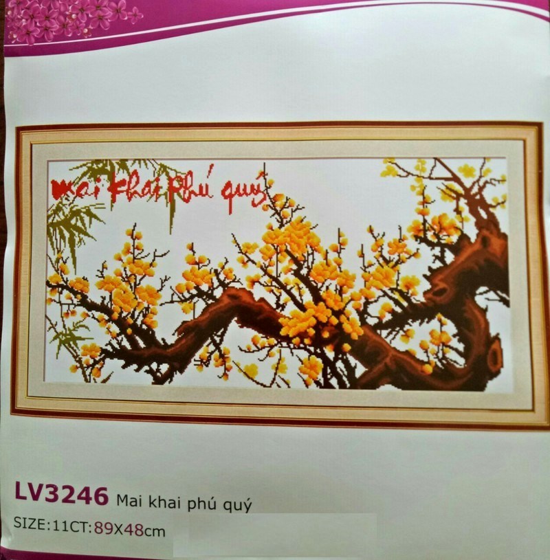 Tranh thêu chữ thập mai khai phú quí LV3246 89 x 48 cm - chưa thêu