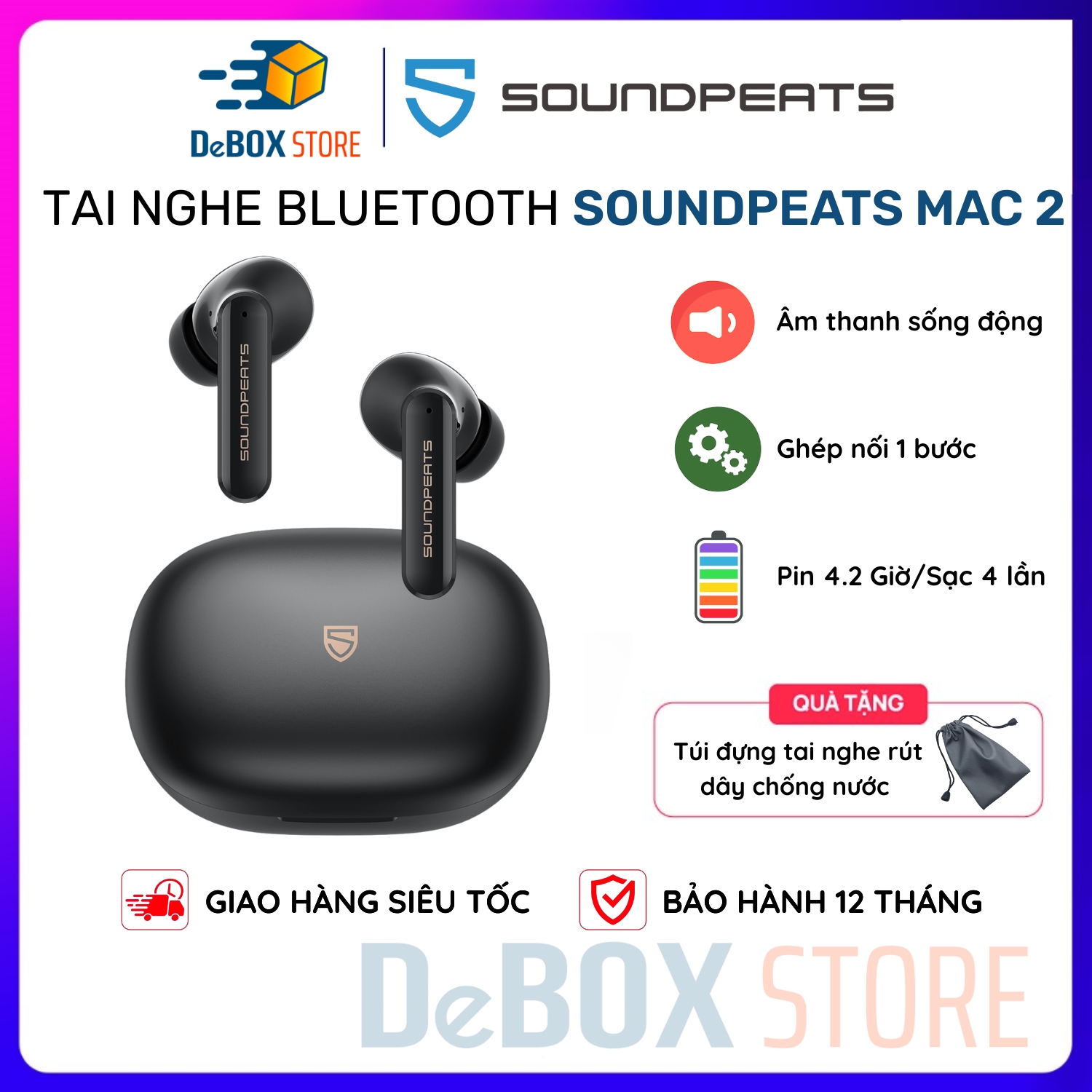 Tai Nghe True Wireless Bluetooth Earbuds SoundPEATS Mac 2, Driver 12.4mm, Game Mode, 4 Micro chống ồn - Hàng Chính hãng