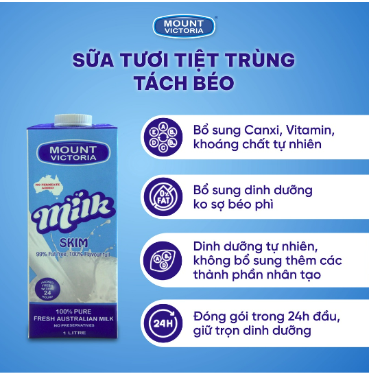 Thùng 12 Hộp Sữa Tươi Tiệt Trùng Tách Béo Skim Amount Victoria 1 Lít, Nhập Khẩu Từ Úc