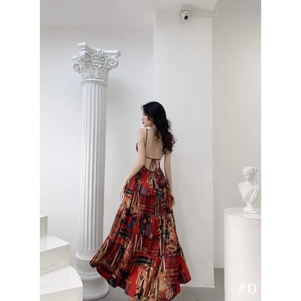 Đầm maxi thổ cẩm hai dây hở lưng đi biển có mút ngực 2 màu