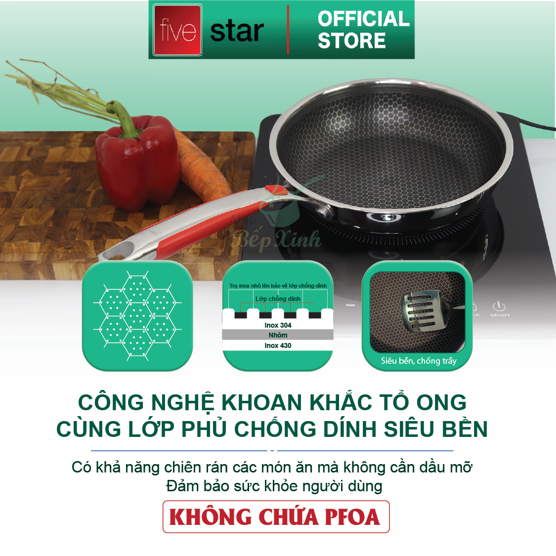 Chảo chống dính Blackcube tổ ong cao cấp Fivestar Plus 3 lớp đúc liền 24cm quai silicon