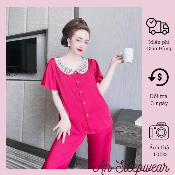 Đồ Ngủ Lụa Satin Quần Dài, Bộ mặc Nhà Cổ ren Tay Xòa Chất Vải Mát, Ít Nhăn Phom Thoải Mái, Dưới 58kg