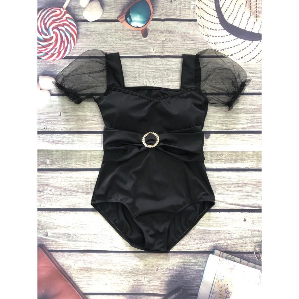 Bikini bộ bơi liền thân tay lưới phồng phối nơ đính đá sang chảnh - Eva Shop