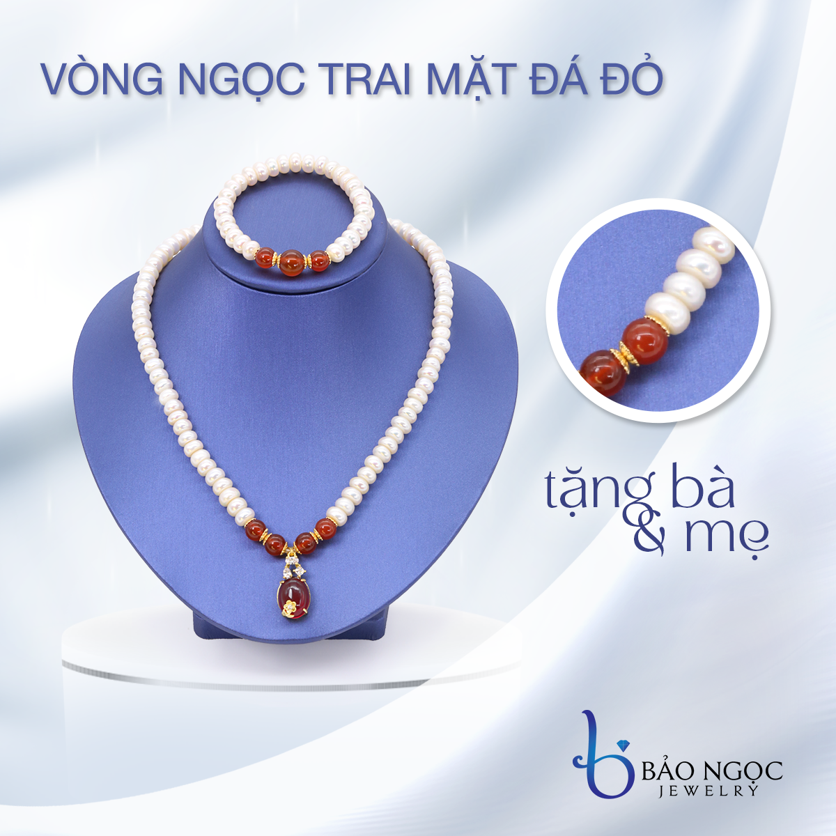 Bộ Chuỗi Ngọc Trai Phát Tài Lộc Mã Não Đỏ Charm Hoa Vàng - BNJ1208 - Bảo Ngọc Jewelry